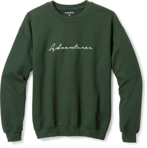 Wondery adventurer embroidered crewneck sweatshirt in dark green.