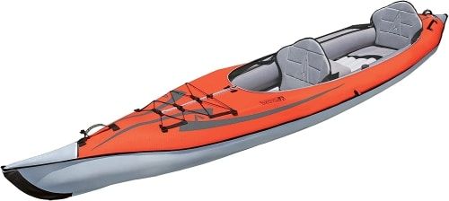 Product photo of the Advanced Elements AdvancedFrame Convertible kayak in grey and orange.