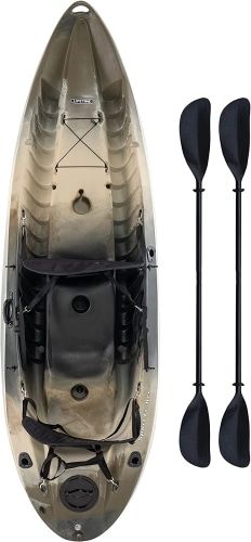 Product photo of the Lifetime Sport Fisher in black and grey, the best fishing kayak.