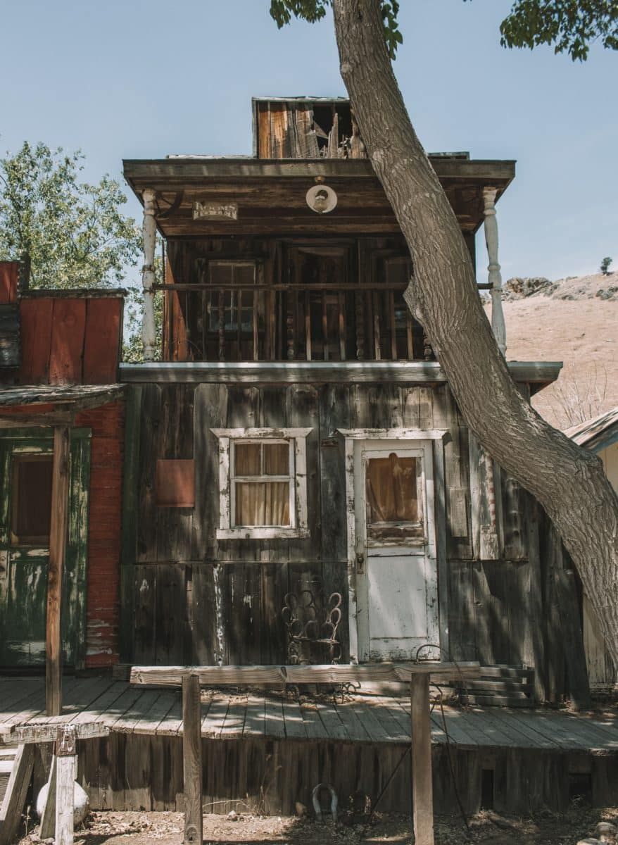 An old, wooden building in a Gold Rush Town in California, with a tree in the foreground.