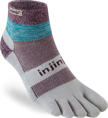 Product image for the Injinji Trail Midnight Mini-Crew Socks in grey, purple, and blue.