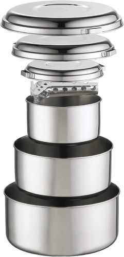 Product image for the MSR Alpine 4 Stainless Steel Camping Pot Set.