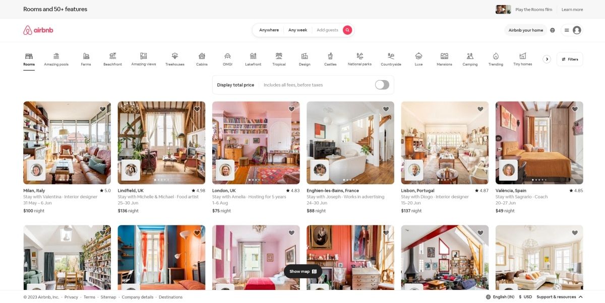 A screenshot of the home page for Airbnb.