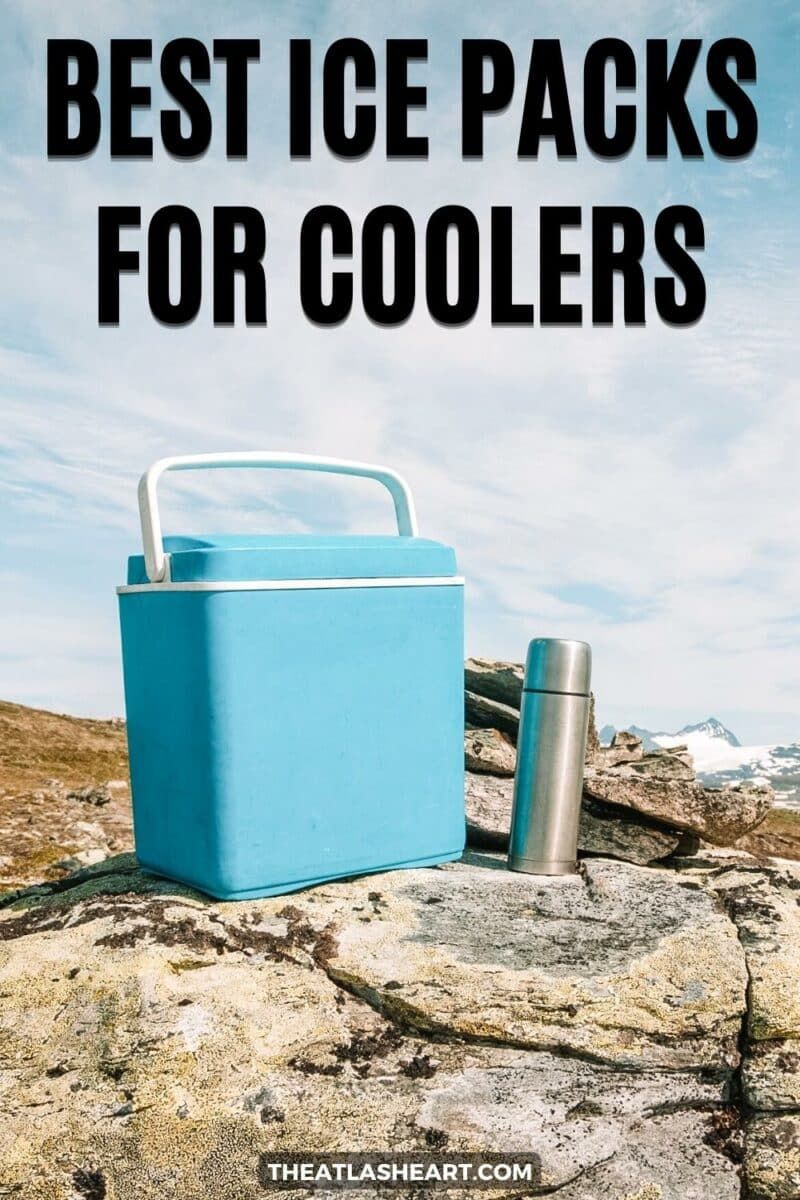 A blue cooler sitting on a rock next to a stainless steel thermos with snowy mountain peaks in the distance, with the text overlay, "Best Ice Packs for Coolers."