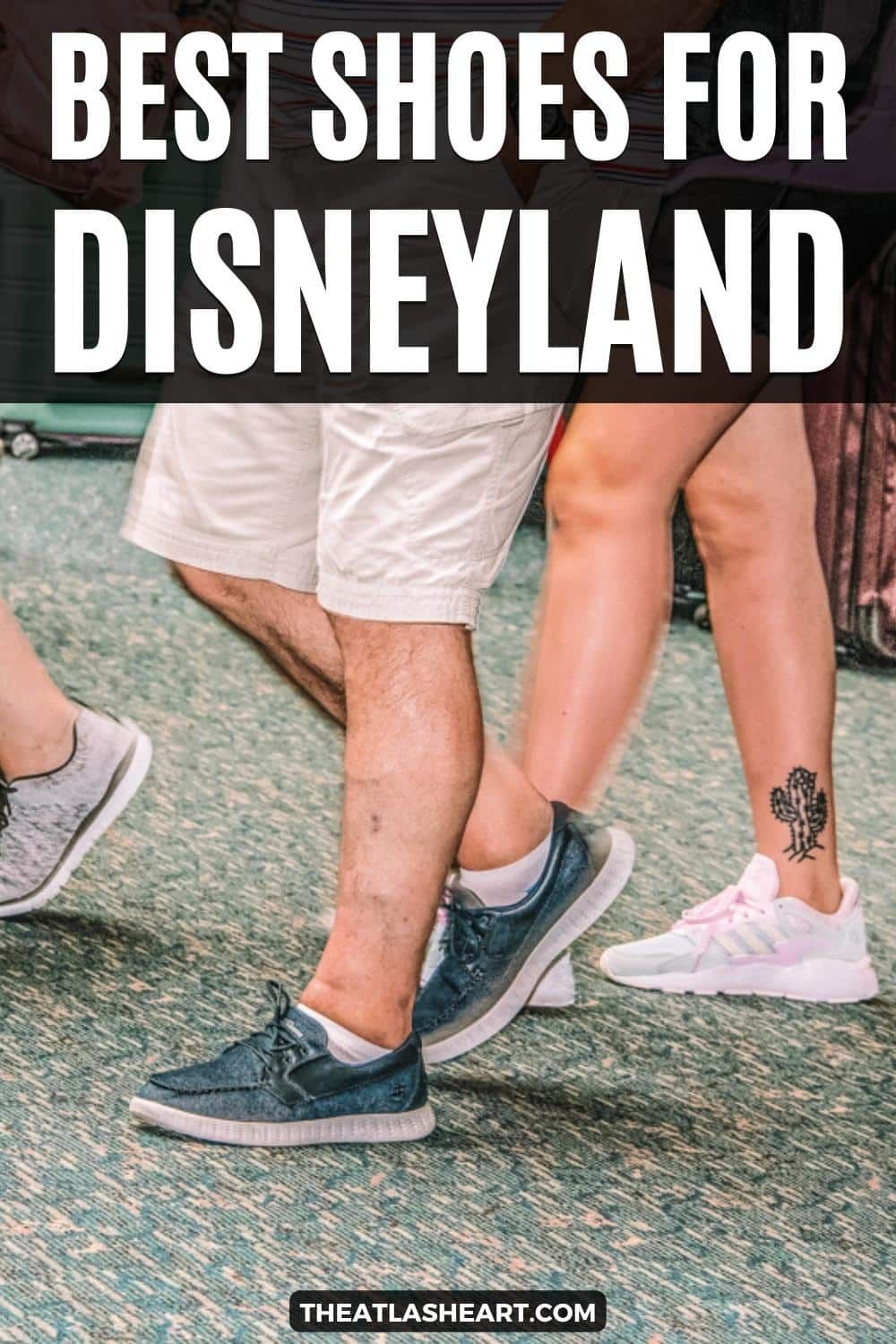 A lower view of a crowd of travelers' legs wearing walking shoes, with the text overlay, "Best Shoes for Disneyland."