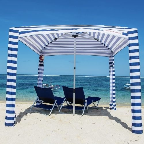 Product Image for the CoolCabanas Pop-Up Beach Canopy in blue and white stripes.