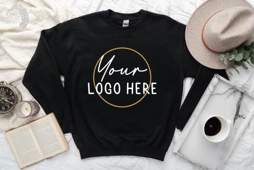 Product image for the Customized Sweatshirt, a black crewneck that reads, "your logo here."