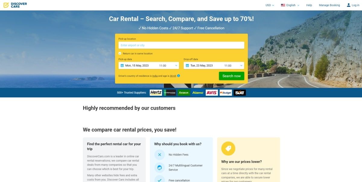 A screenshot of the home page for Discover Cars.