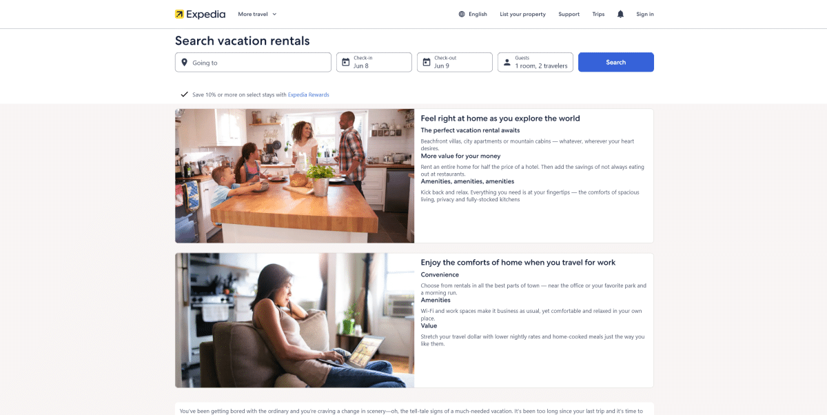 Screenshot of the Expedia Vacation Rentals website homepage.