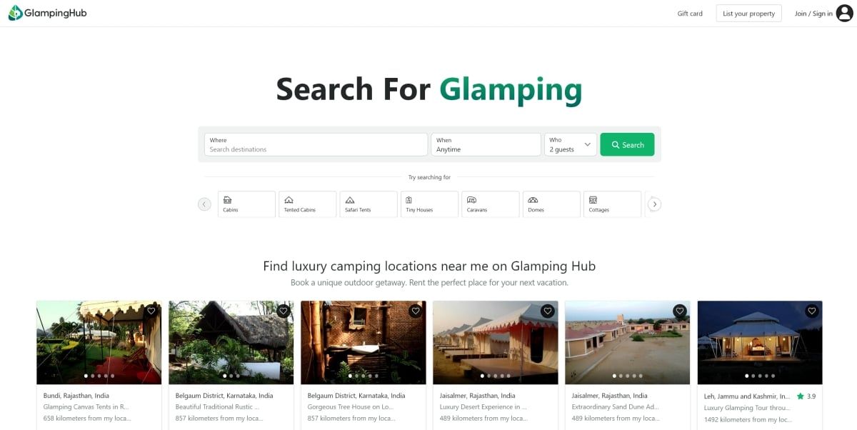 Screenshot of the Glamping Hub website landing page.