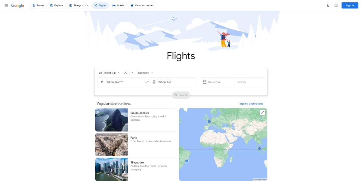 A screenshot of the home page for Google Flights.
