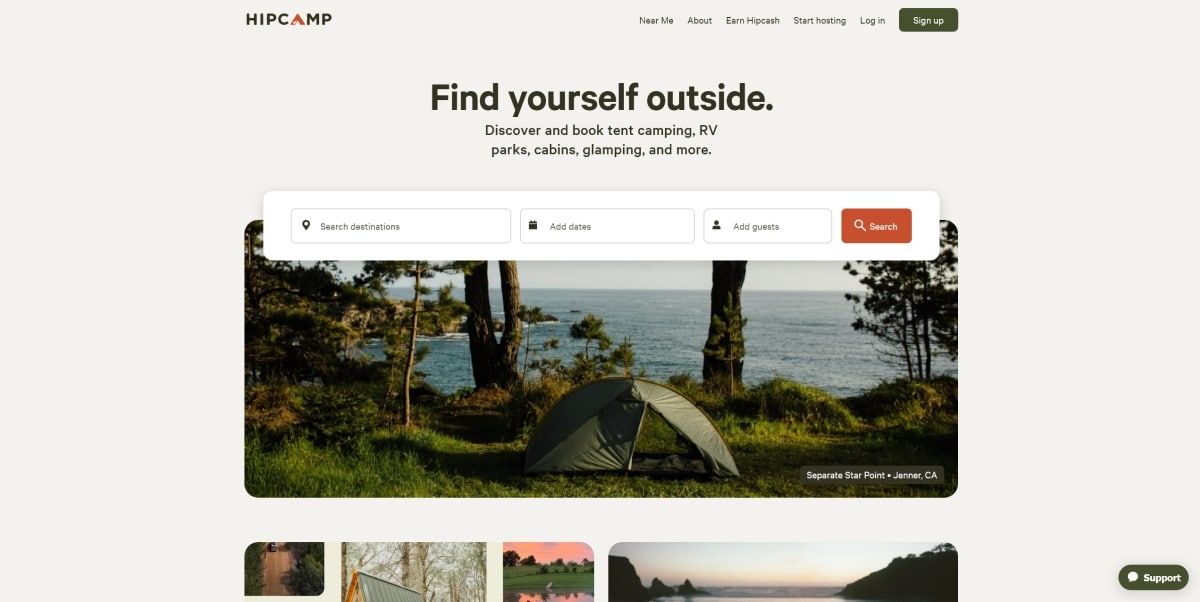Screenshot of the HipCamp website landing page.