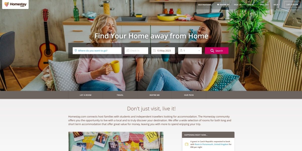 A screenshot of the home page for Homestay.