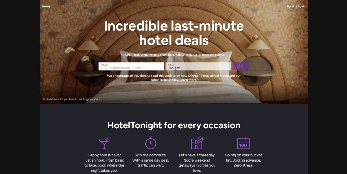 A screenshot of the home page for HotelTonight.