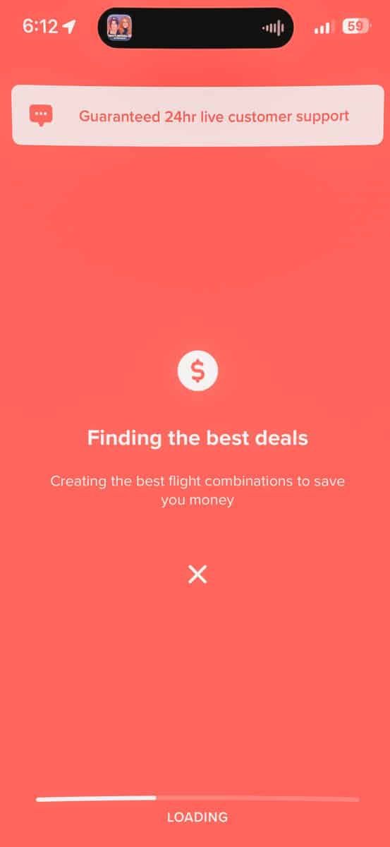 Screenshot of a loading search page, a money-sign symbol against a coral-red background, with white text overlay that reads: "Finding the best deals: Creating the best flight combinations to save you money."