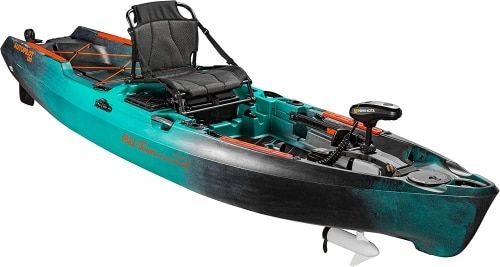 Product photo for the Old Town Sportsman AutoPilot 120 in black and aqua ombre with orange trim.