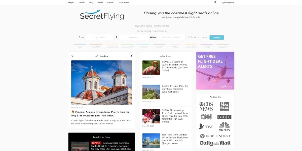 A screenshot of the home page for Secret Flying.