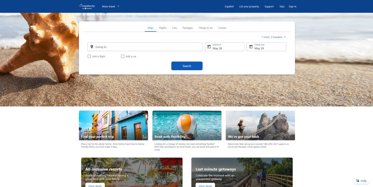 A screenshot of the home page for Travelocity.