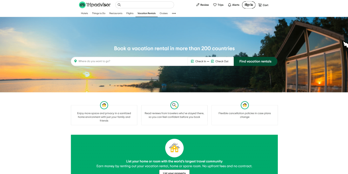 Screenshot of the Tripadvisor Vacation Rentals website homepage.