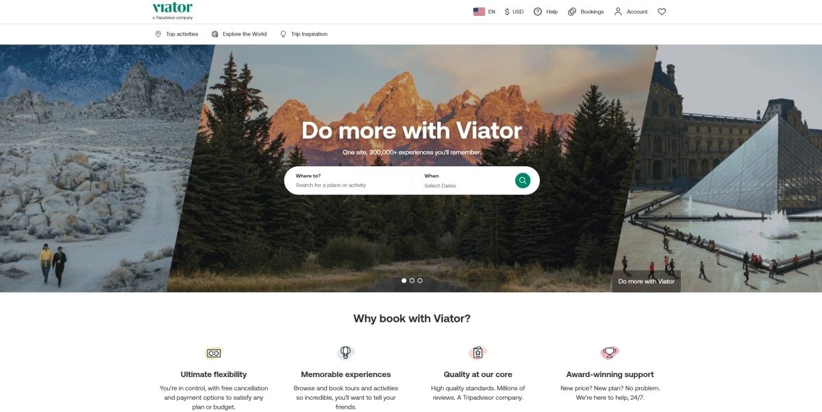 A screenshot of the home page for Viator.