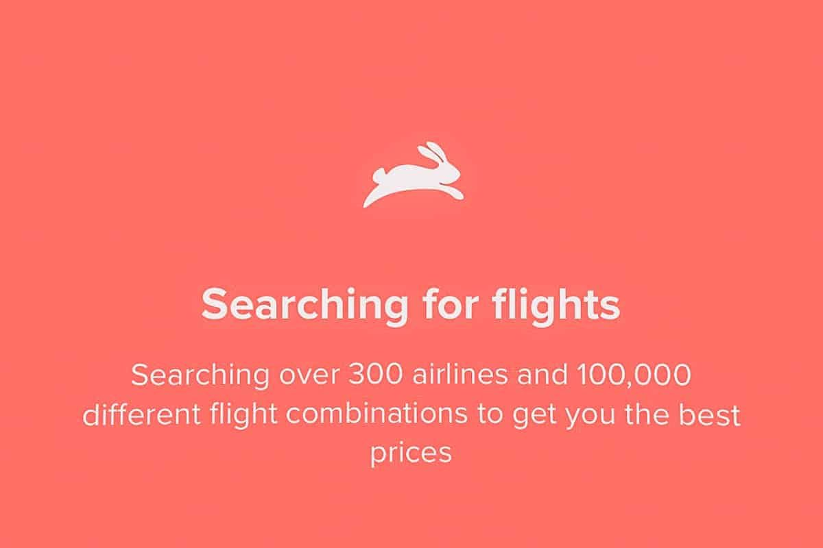 The Hopper logo against a coral-red background, with white text overlay that reads: "Searching for flights: Searching over 300 airlines and 100,000 different flight combinations to get you the best prices."