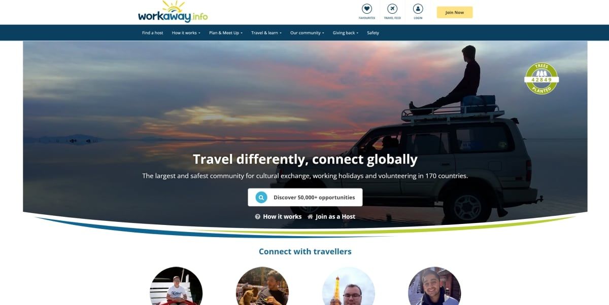 A screenshot of the home page for Workaway.