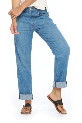 Product image for the Aviator Boyfriend Jeans in light blue denim.