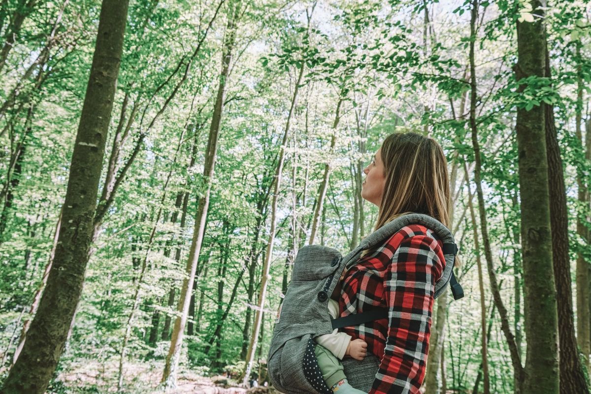 A light-haired woman seen in profile looking up at foliage in a forest, wearing a red flannel shirt with a baby sleeping in a grey, front-facing baby carrier.