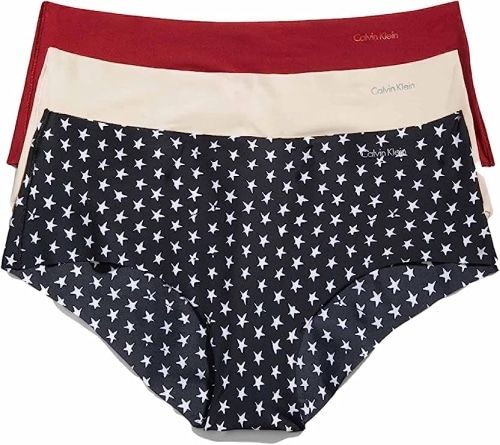 Product image for the Calvin Klein Women's Invisible Seamless Hipster Panties in red, white, and blue with white stars.