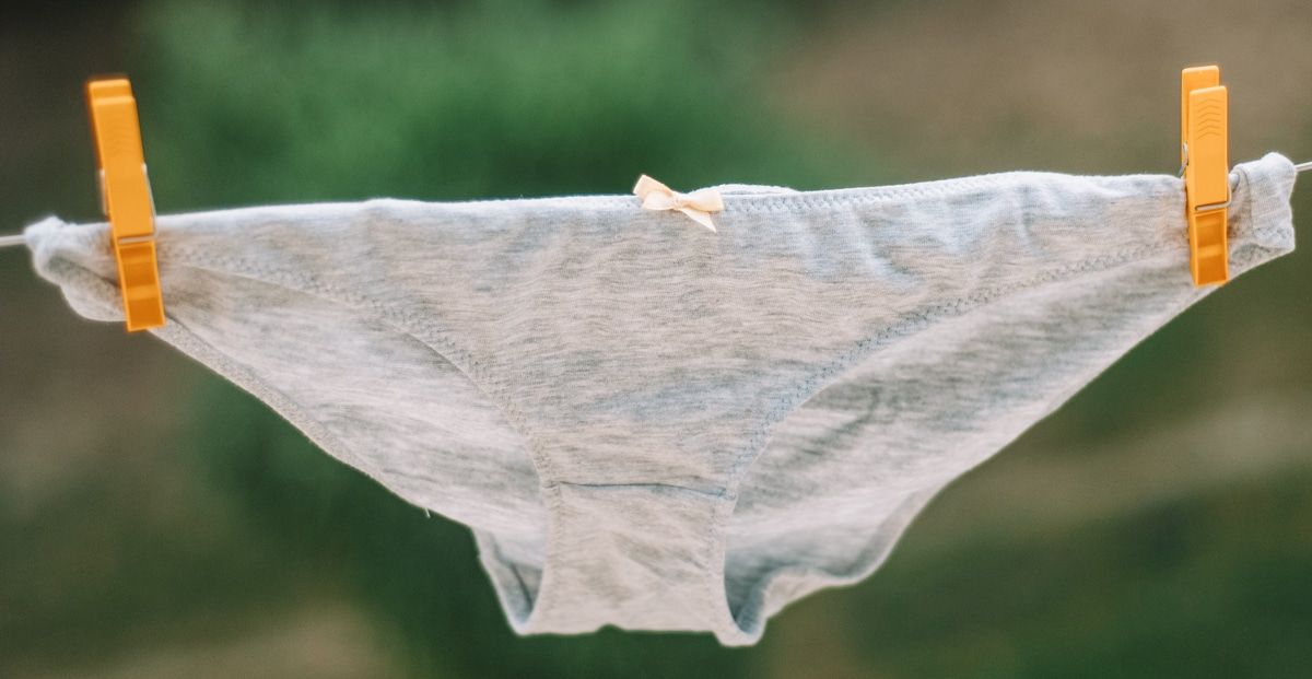 A pair of grey women's underwear held by yellow clothespins on a clothing line with out of focus foliage behind it.