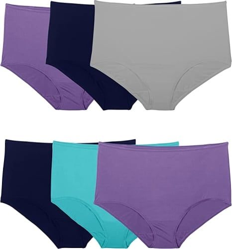 Product image for the Fruit of the Loom Women's Lightweight Microfiber Underwear in purple, blue, turquoise, and grey.