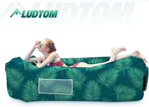 Product image for the LUDTOM Inflatable Lounger Air Sofa in green tropical leaf print.