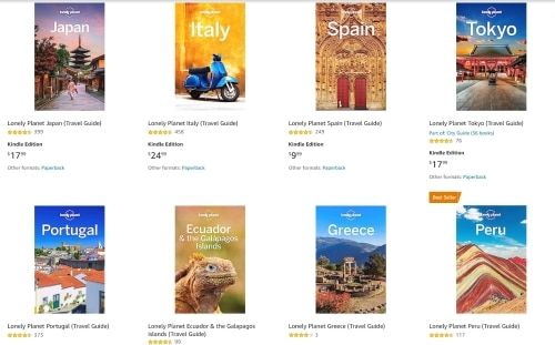 Screenshot of a search result page showing a selection of Lonely Planet Books.
