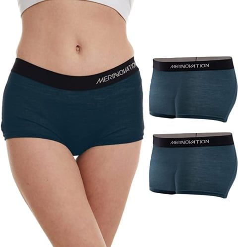 Product image for the Merinnovation 100% Merino Wool Boxer Briefs for Women in dark blue.