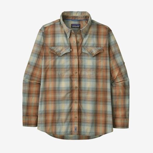 Product image for the Patagonia Women's Long-Sleeved Sun Stretch Shirt in brown and green flannel.