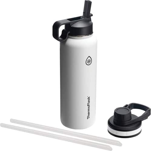 Product photo for the ThermoFlask Insulated Stainless Steel Water Bottle in white, with Two Lids.