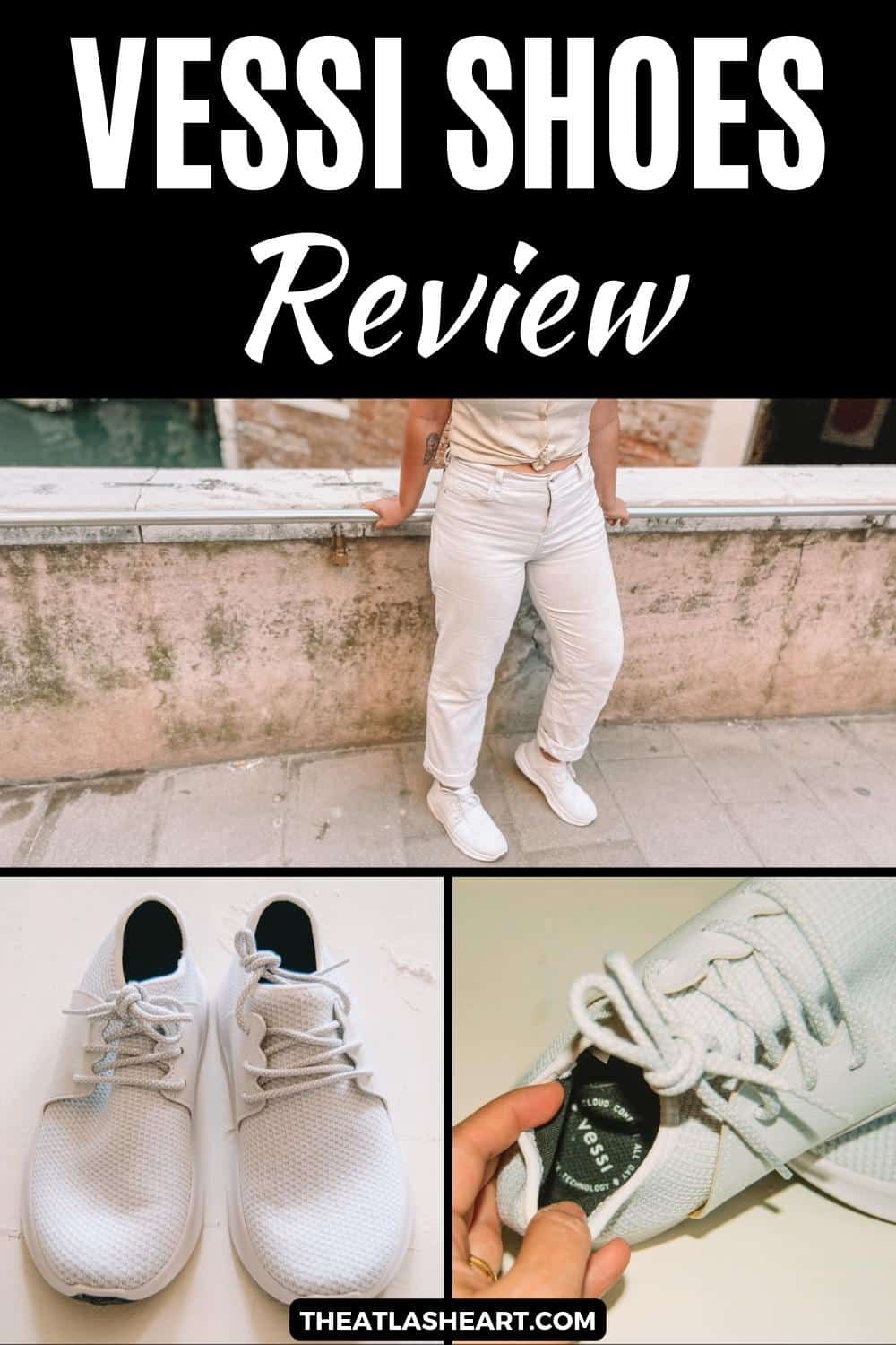 A collage of images featuring a pair of white Vessi sneakers, with the text overlay, "Vessi Shoes Review."