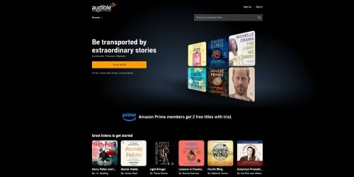 A picture of the Audible website with a navy blue background and book covers to choose from.