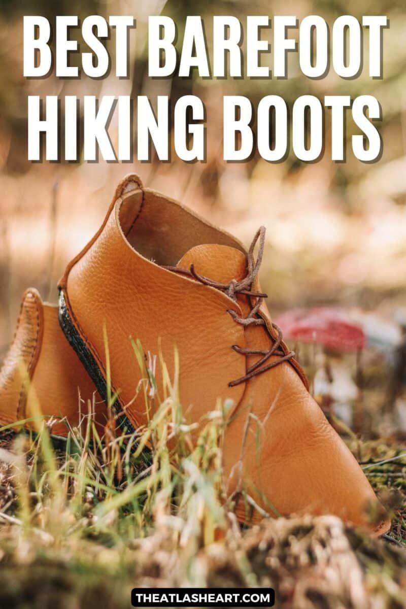 A pair of barefoot hiking boots in brown leather, posed on a patch of moss and grass, with the text overlay, "Best Barefoot Hiking Boots."