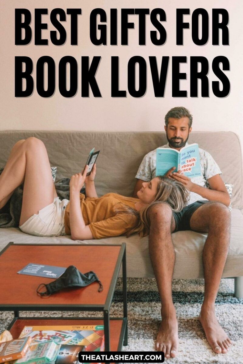 A woman laying on a couch with her head rested on a man's knee as both of them read with the text overlay, "Best Gifts for Book Lovers".