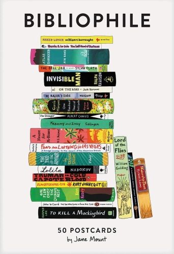 A postcard that reads "Bibliophile" above a stack of books.