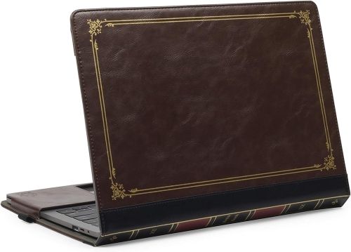 A laptop in a form fitted leather cover designed to look like an old book.