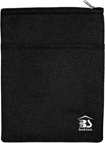 Closeup of a black pouch with a zippered top.