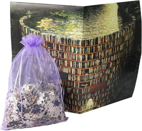 A purple see-through bag of puzzle pieces in front of a poster of bookshelves holding a pond.