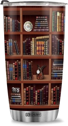 A tumbler wrapped in an image of a bookshelf with square compartments and books.