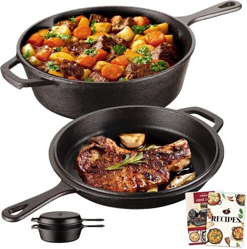 Product image for the Overmont Cast Iron Dutch Oven with dual use Skillet.