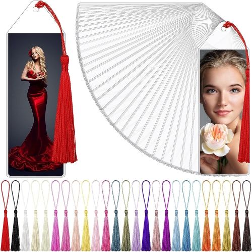 On the left, a single example bookmark with a red tassel and image of a woman in an elegant red dress. On the right, multiple bookmarks fanned out with the top on displaying a woman with a flower. Tassels of various colors are displayed across the bottom of the image.
