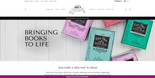 The website subscription page of a book club subscription, displaying lavender, light blue, and green boxes of books and the overlay, "Bringing Books to Life."