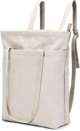 Plain canvas backpack tote bag with a zippered top9, front pocket, hand-carrying handle, and narrow backpack straps.