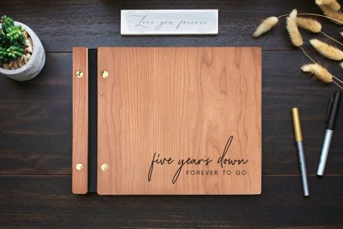 Product photo for the 5th Anniversary Scrapbook Gift with a wood grain cover.